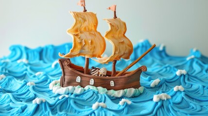 A playful pirate ship cake sailing on blue buttercream waves with a fondant sail
