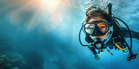 Scuba diver exploring the serene deep blue underwater world. - obrazy, fototapety, plakaty