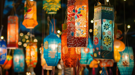 The image captures vibrant paper lanterns with various patterns illuminated and suspended, creating a festive atmosphere