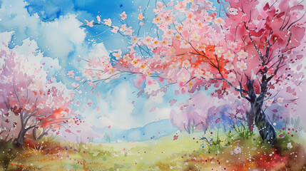 The artwork depicts a whimsical scene of cherry blossom trees with falling petals against a colorful, dreamy sky - obrazy, fototapety, plakaty