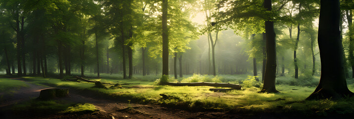 Sun-kissed Forest Path: A Lyrical Portrayal of Nature's Tranquility and Timelessness - obrazy, fototapety, plakaty