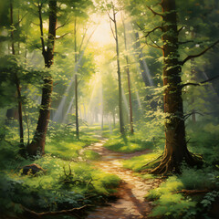 Sun-kissed Forest Path: A Lyrical Portrayal of Nature's Tranquility and Timelessness