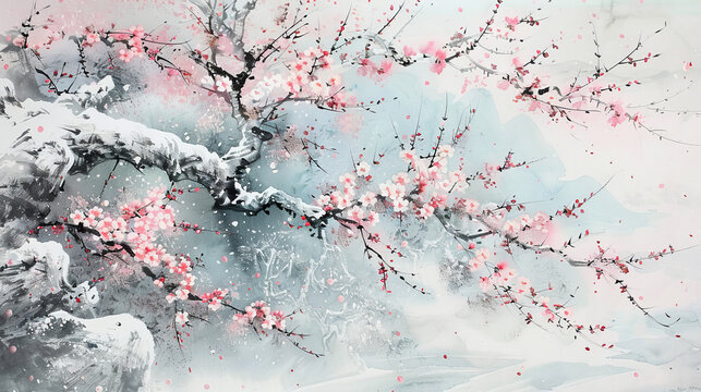 This artwork showcases the contrast between blooming cherry blossoms and a snowy landscape, giving a sense of resilience