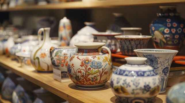 An array of beautifully designed ceramic vases and pots arranged on shelves, highlighting their intricate patterns and rich colors