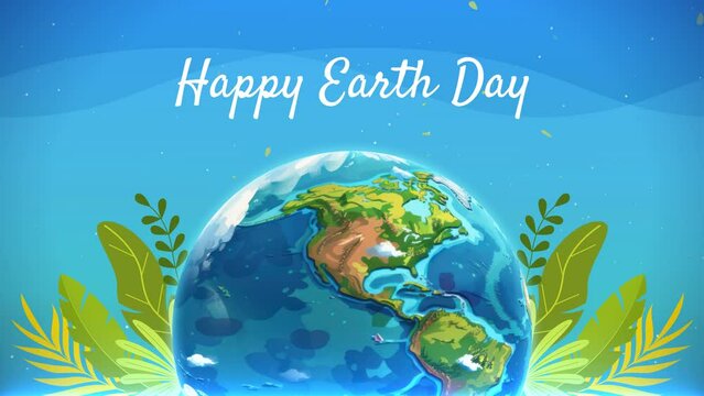 3d looped cartoon of spinning earth with happy earth day copy, with growing leafs and blue sky background