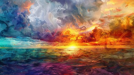 landscape painting with colorful clouds