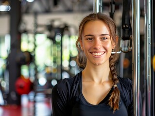 Portrait of a smiling woman standing in a gym. AI generative