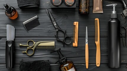 male barbershop supplies on black wooden background