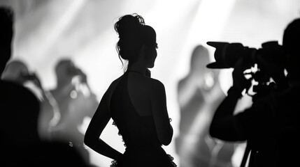 woman in black dress performing in front of cameras - obrazy, fototapety, plakaty