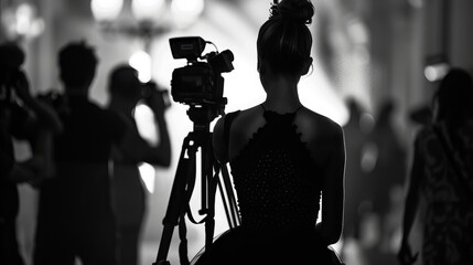 woman in black dress performing in front of cameras - obrazy, fototapety, plakaty