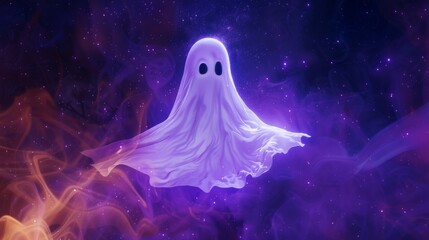 Fototapeta na wymiar A whimsical white ghost floats amidst a mesmerizing cosmic nebula, with vibrant purple and orange hues creating a magical interstellar scene.
