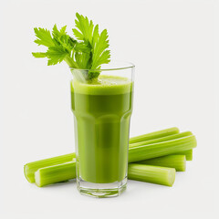 Fresh and healthy green celery smoothie in a glass on a white background with a straw for healthy eating