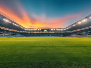 An empty soccer stadium with green grass under a vibrant sunset sky, illustrating a calm before the competitive storm.
