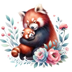 Red Panda Love: A Heartwarming Scene of Parental Affection Among Blooms
