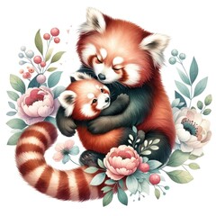 Fototapeta na wymiar Red Panda Love: A Heartwarming Scene of Parental Affection Among Blooms