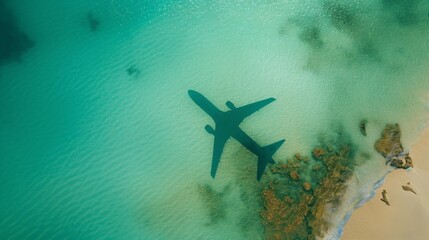 Fototapeta na wymiar An airplane cast a shadow on the crystal clear waters near a tropical shoreline, conceptually portraying travel and holiday destinations.