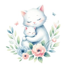 Whiskered Love: Mother Cat and Kitten Embracing Amidst a Bed of Blossoms, Illustrating the Tender Bond of Maternal Affection and Family Harmony. - obrazy, fototapety, plakaty