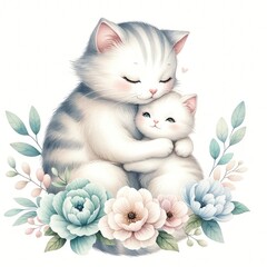 Whiskered Love: Mother Cat and Kitten Embracing Amidst a Bed of Blossoms, Illustrating the Tender Bond of Maternal Affection and Family Harmony.