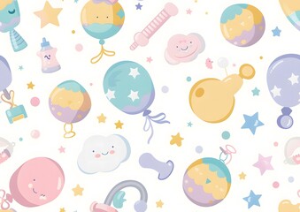 Baby themed pattern with clouds, balloons and baby toys on a white background