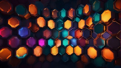An abstract backdrop with a captivating hexagon design lit up by bright lights. The hexagons blend together to produce a kaleidoscope effect that gives the impression of depth and movement. Bright col - obrazy, fototapety, plakaty