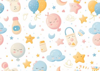 Baby themed pattern with clouds, balloons and baby toys on a white background