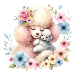 Maternal Bliss: Poodle Mother and Puppy Sharing a Tender Moment Amidst Floral Splendor