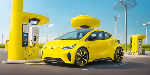 Yellow electric car charging at a gas station. 3D rendering.