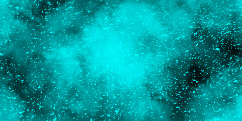 Abstract dynamic particles with soft blue clouds on dark background. Space hand painted watercolor background with aquarelle light mint color splash. Watercolor fantastic and grungy background.