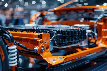 Close-up of an electric vehicle's battery system in bright orange. - obrazy, fototapety, plakaty