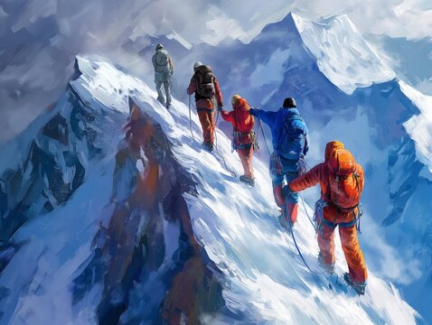A group of climbers ascending a snow-covered mountain ridge with determination.