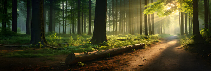 Sun-kissed Forest Path: A Lyrical Portrayal of Nature's Tranquility and Timelessness - obrazy, fototapety, plakaty