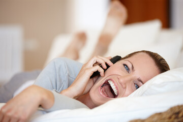 Happy, woman laughing or phone call in home talking or speaking in living room for communication. Funny, mobile or person with smile in conversation to relax on couch or sofa in a house for a break - obrazy, fototapety, plakaty