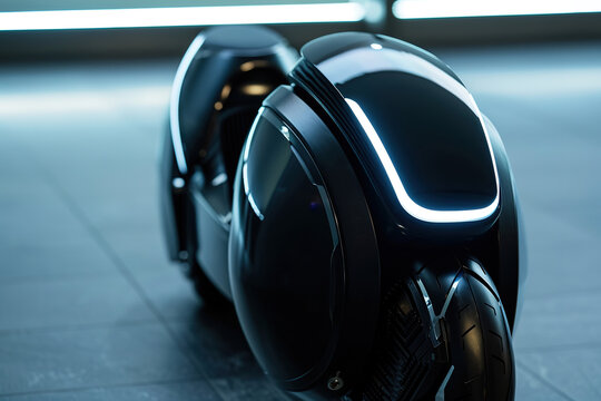 Futuristic electric unicycle with glowing trim parked indoors, showcasing modern clean energy transport.