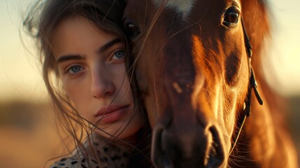 A young beautiful woman hugs her beloved horse. The girl looks at the camera touching her face to the horse's muzzle