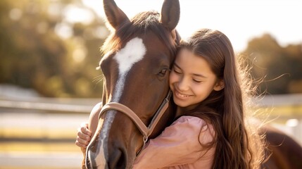 Sincerely happy hugs between a child and a horse. Children's development improves when interacting with animals. Animals are our friends who help create warm feelings and affection. - obrazy, fototapety, plakaty