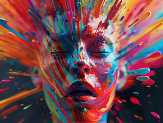 3D clean depiction of a mind in creative overdrive colors bursting from the head in vivid splendor - 770312693