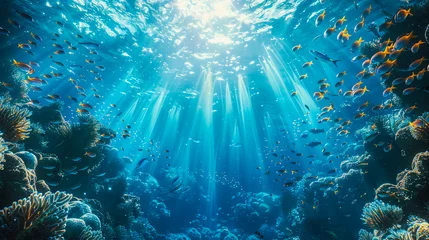 Fototapeten underwater coral reef landscape wide panorama background in the deep blue ocean with colorful fish and marine life © MMAJID