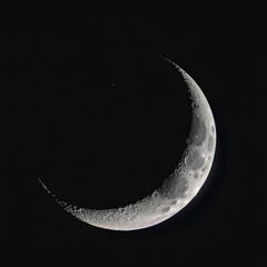 Detailed Crescent Moon in the night sky. Crescent Moon on black background with space for Ramadan theme.