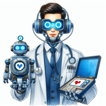Robot doctor with a stethoscope and medical kit, watercolor illustration clipart