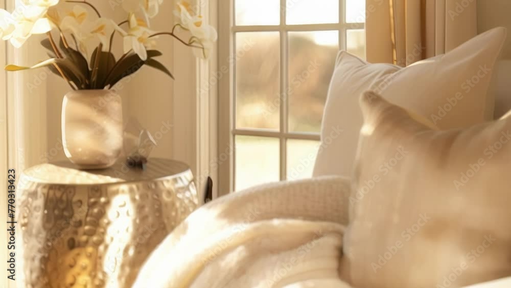 Poster a cozy reading nook designed in shades of cream and beige with pops of gold in the form of a metalli