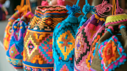 Fototapeta premium Bright and colorful woven bags hanging, showcasing traditional artisan craftsmanship