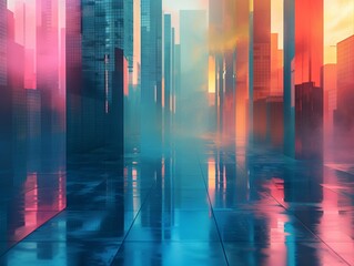 Abstract concept, modern cityscape, questioning reality, overcast weather, 3D render, silhouette lighting, chromatic aberration