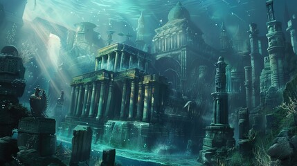ancient underwater city, ocean scene, atlantis , fantasy background wallpaper - obrazy, fototapety, plakaty