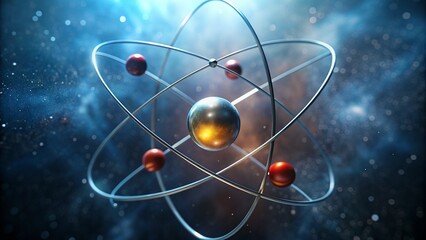 An atom in outer space: photographs in bright colors.Microcosm in space: photo of an atom against the background of stars.Bright colors of the atom: photos of the microcosm.Photo of an atom in the 