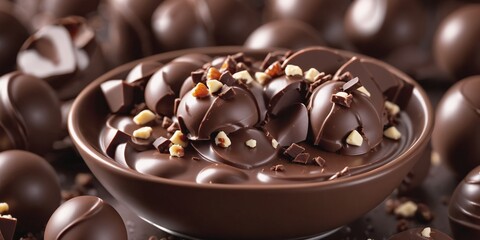 Chocolate Bowl Filled with Chocolate Covered Nut. A chocolate bowl filled with a variety of...