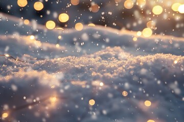 Beautiful background image with small snowdrifts close-up and blurry holiday lights - obrazy, fototapety, plakaty