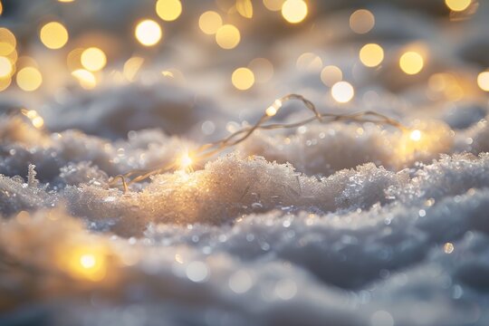 Beautiful background image with small snowdrifts close-up and blurry holiday lights