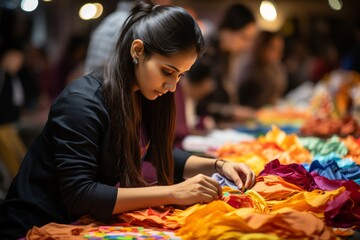 a young indian girl showcasing her skills on a sewing machine in a bustling textile workshop, surrounded by vibrant fabrics and colorful threads - obrazy, fototapety, plakaty