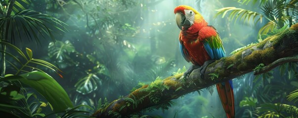 Vibrant Canopy Dweller : A Scarlet Macaw Parrot in the Jungle - obrazy, fototapety, plakaty