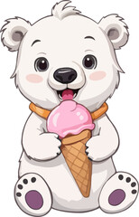 Cute polar bear eating ice cream in a waffle cone